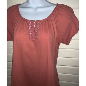 Ralph Lauren LRL Jeans Co Top Sz MEDIUM Dusty Coral S/S Cotton Knit Eyelet EUC
